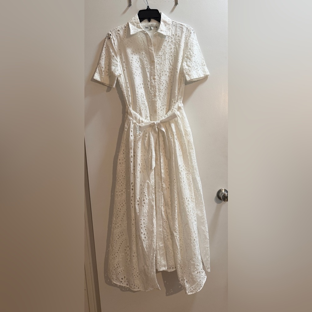 Zara White Eyelet Midi Dress with Tie Waist